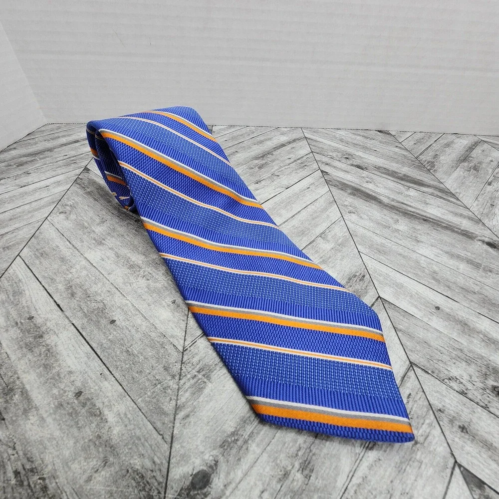Brooks Brothers Irregular Silk Necktie Blue Orange‎ Striped Woven Men's Tie USA